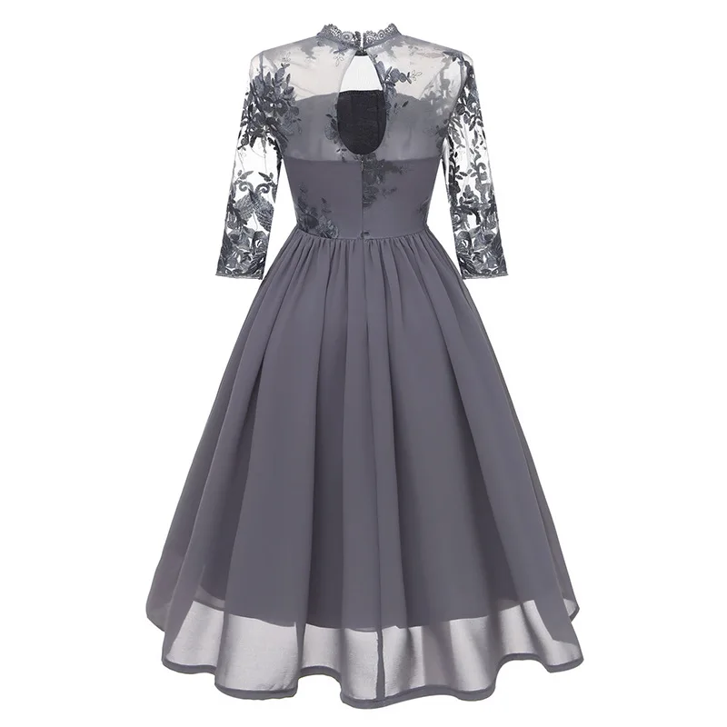 OTEN Autumn 2018 Women Elegant Long Sleeve O Neck Mesh Lace Patchwork transparente pleated chiffon Flower Embroidery party dress | Женская