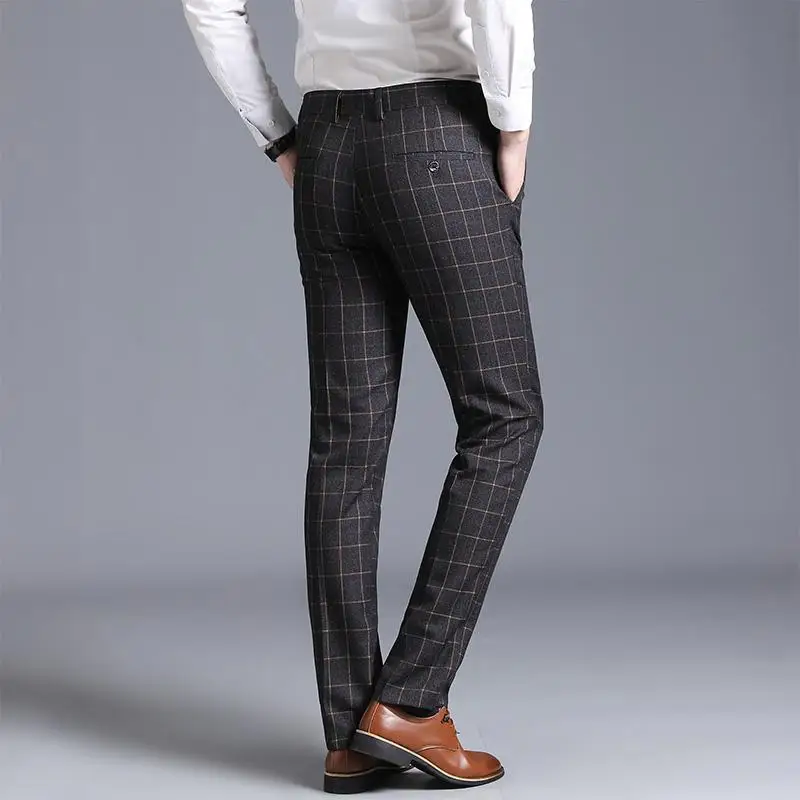 

LOLDEAL Classical British Men Pants Plaid Striped Trousers Male High Quality Business Work Casual Slim Fit Mens Suit