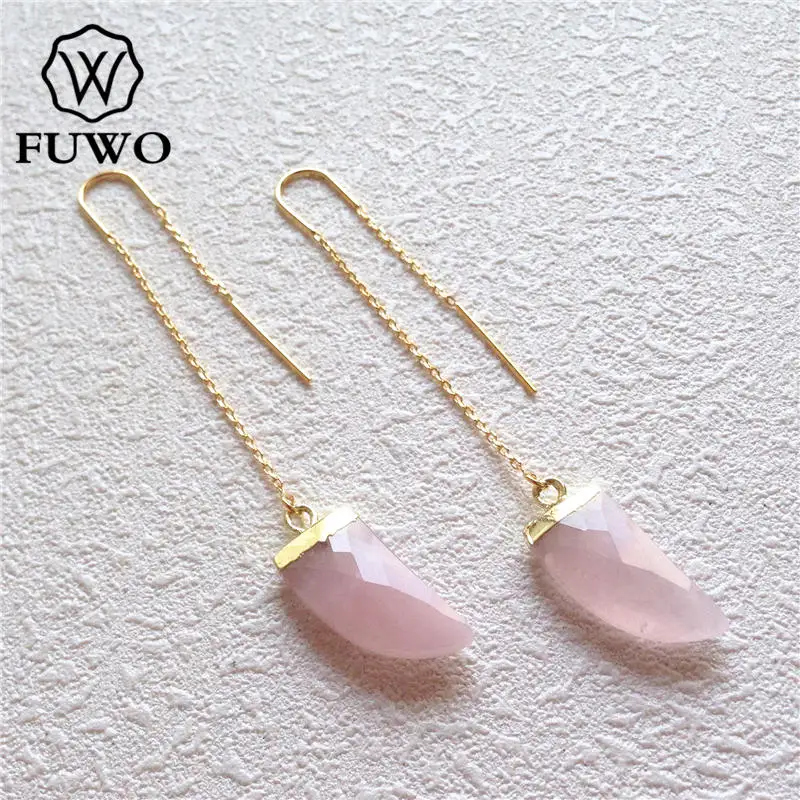 Threader Earrings FUWO натуральный розовый кварцевый кристалл серьги с 24 К золотым заполнением модные ювелирные изделия драгоценный камень Рог Threader серьги для женщин ER013 - Окраска металла: Threader Earrings