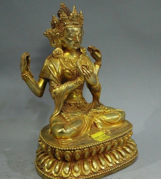 Тибет Бронзовый золото Буддизм 4 руки ченрезиг Будда KwanYin статуя Гуаньинь