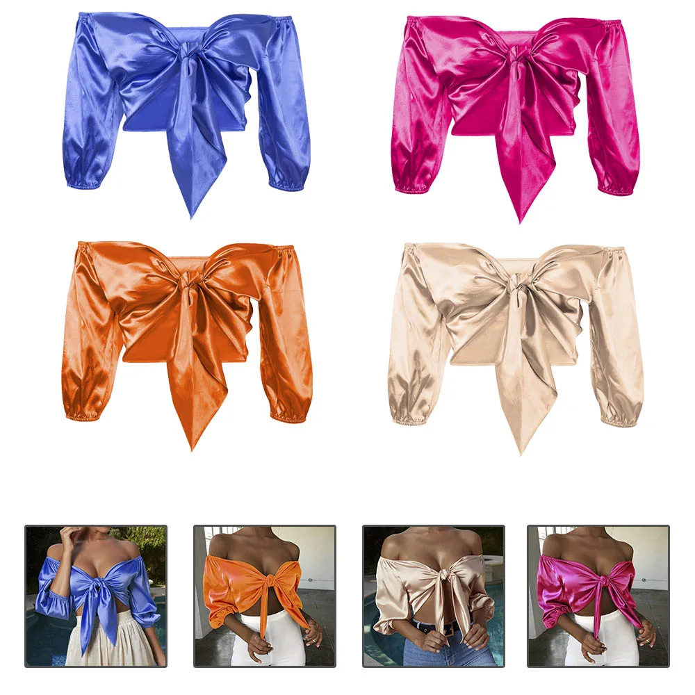 Сексуальный v-образный вырез сатин с шелковым бантом украшенное поясом рубашки