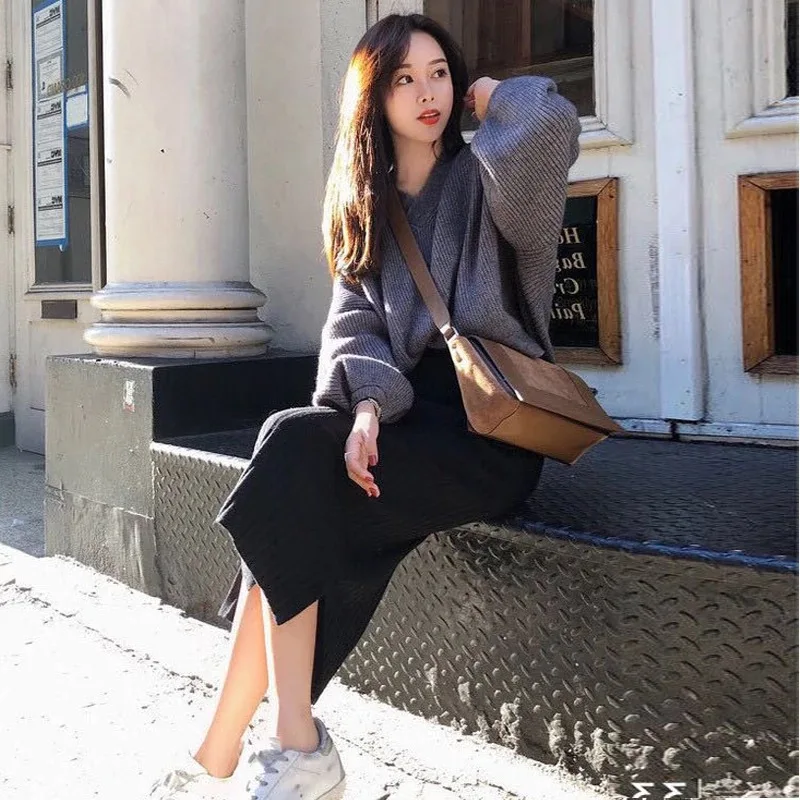 grey and black Осенне-зимняя рабочая одежда с рукавом фонариком и v-образным вырезом, Свободный пуловер, свитер+ посылка, вязанная юбка в стиле хип-хоп, женский костюм из 2 предметов, повседневные комплекты - Цвет: grey and black
