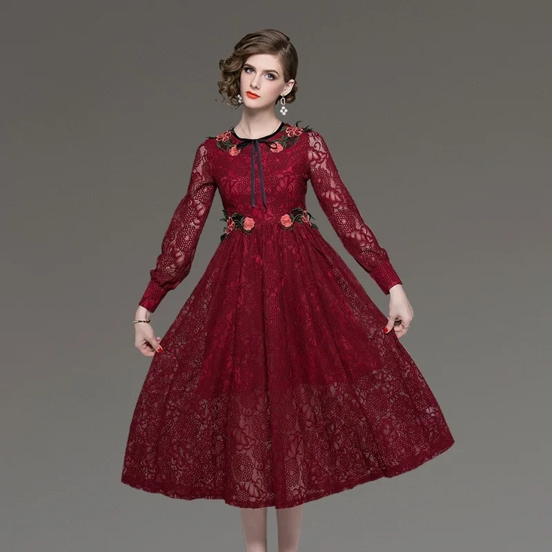 Осень Для женщин с длинным рукавом черного кружева платье vestidos mujer 2018 Vestido