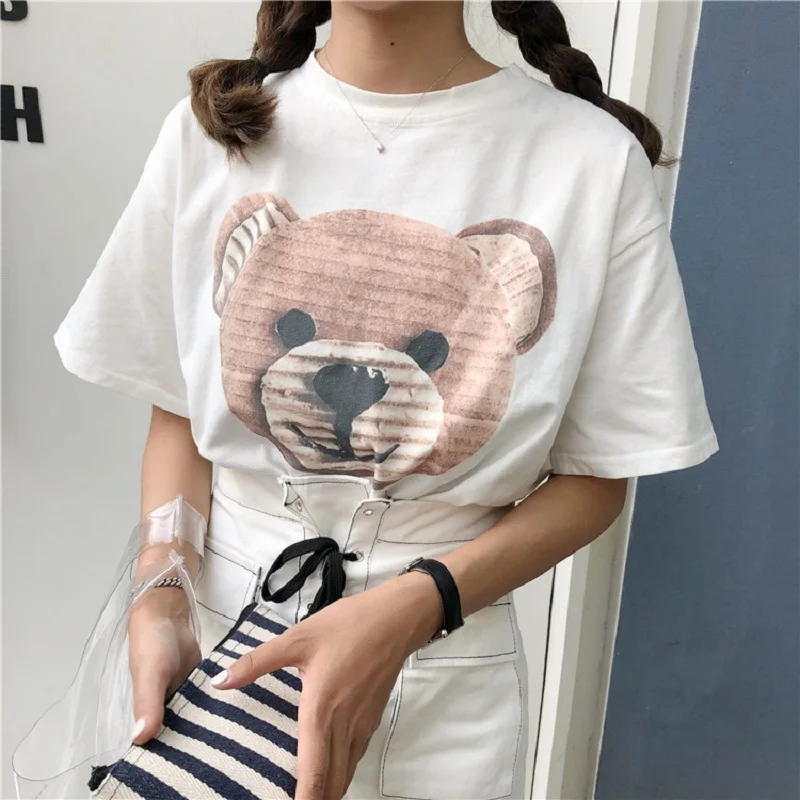 Harajuku милый медведь графический принт хлопковая Футболка Для женщин Сладкий Kawaii