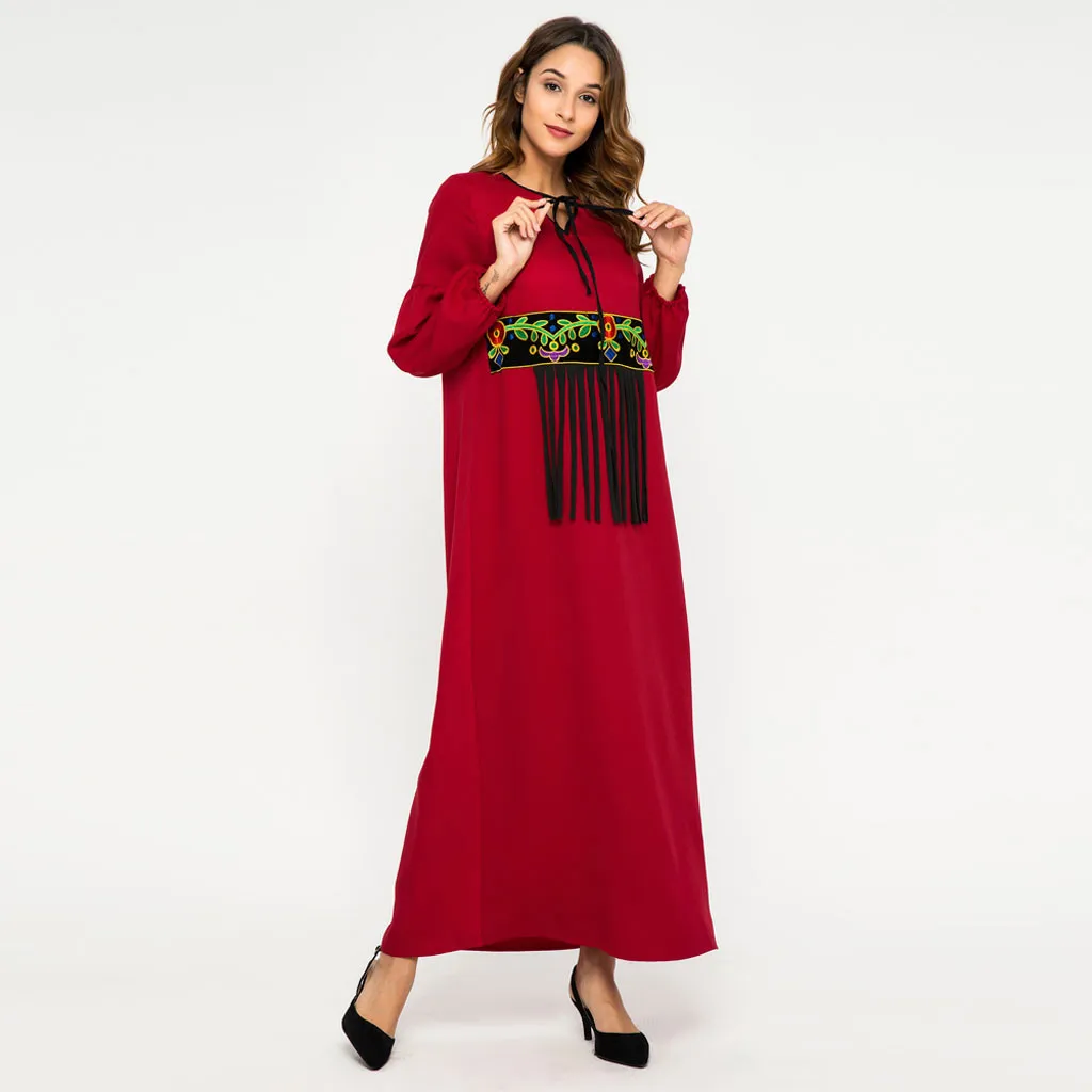 Для женщин элегантные мусульманские кафтан платье красного цвета с бахромой