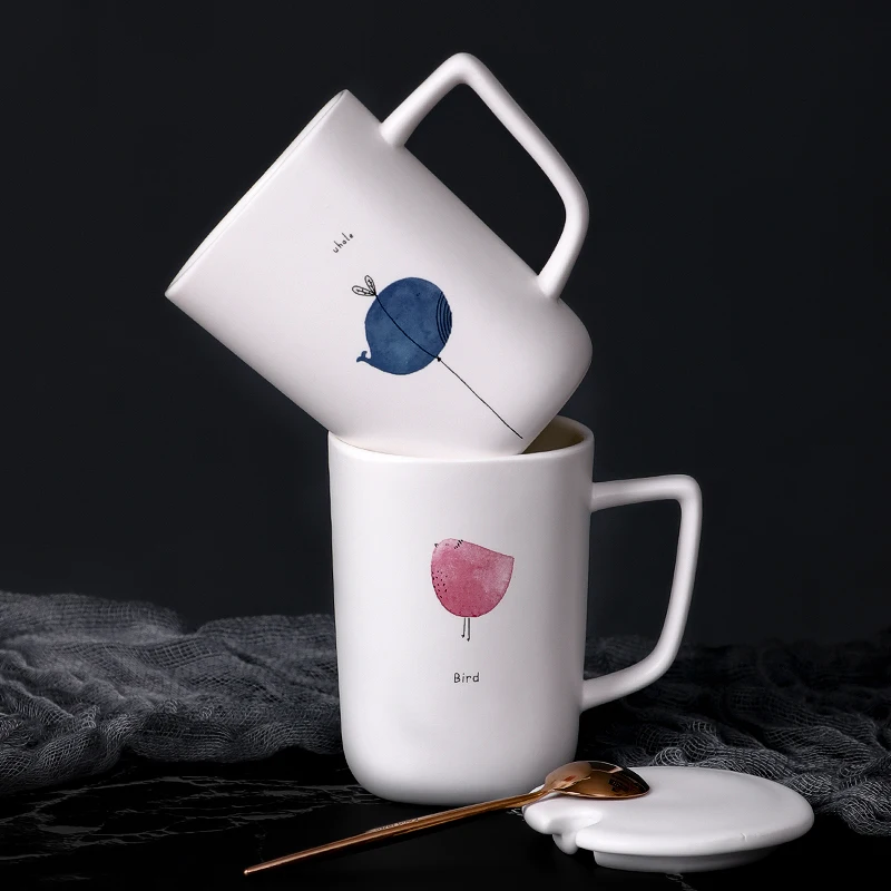 

380ml Creative Cartoon Ceramic Mug With Lid and Spoon Milk Coffee Tea Cup Porcelain Mugs Nice Gifts