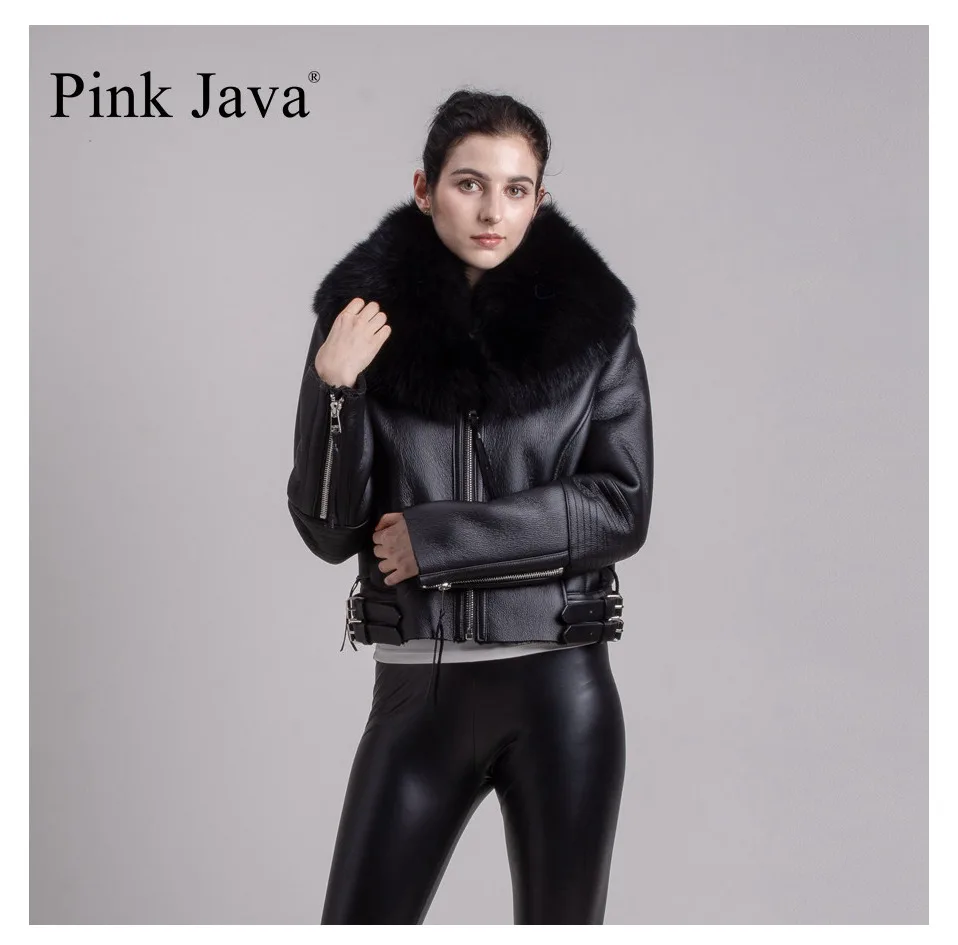 Розовая java QC8088, новинка,, Женская куртка из натурального меха Мериносовой овцы, большая куртка с воротником из натурального Лисьего меха, пальто из искусственной кожи