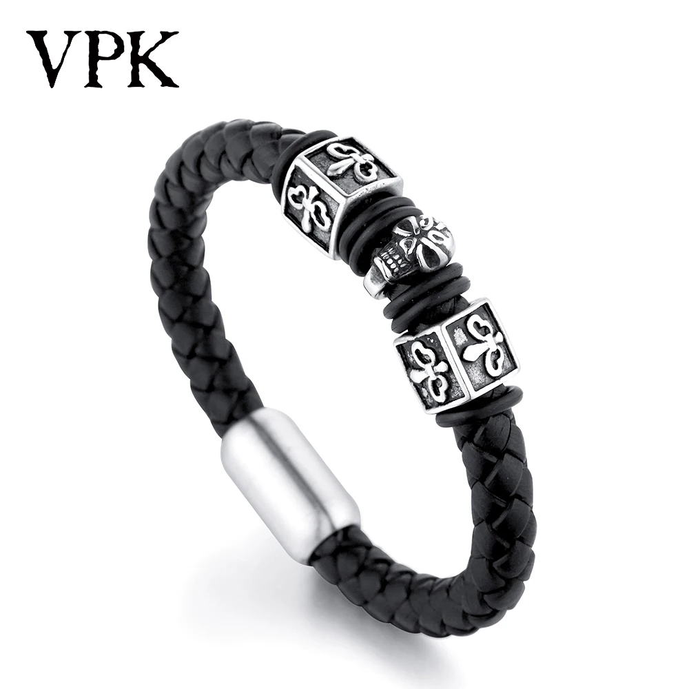 VPK мужские браслеты многослойная кожа Титановая Сталь Шарм браслет