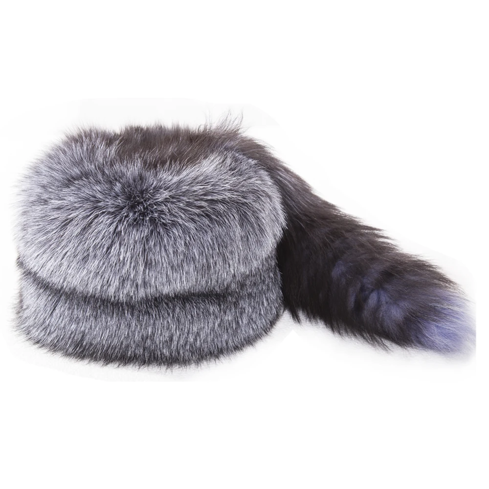 YECHNE Russian Mongolian Natural Silver Fox Fur Skullies Hat With Whole Fox Tail Winter Soft Beanies Hats