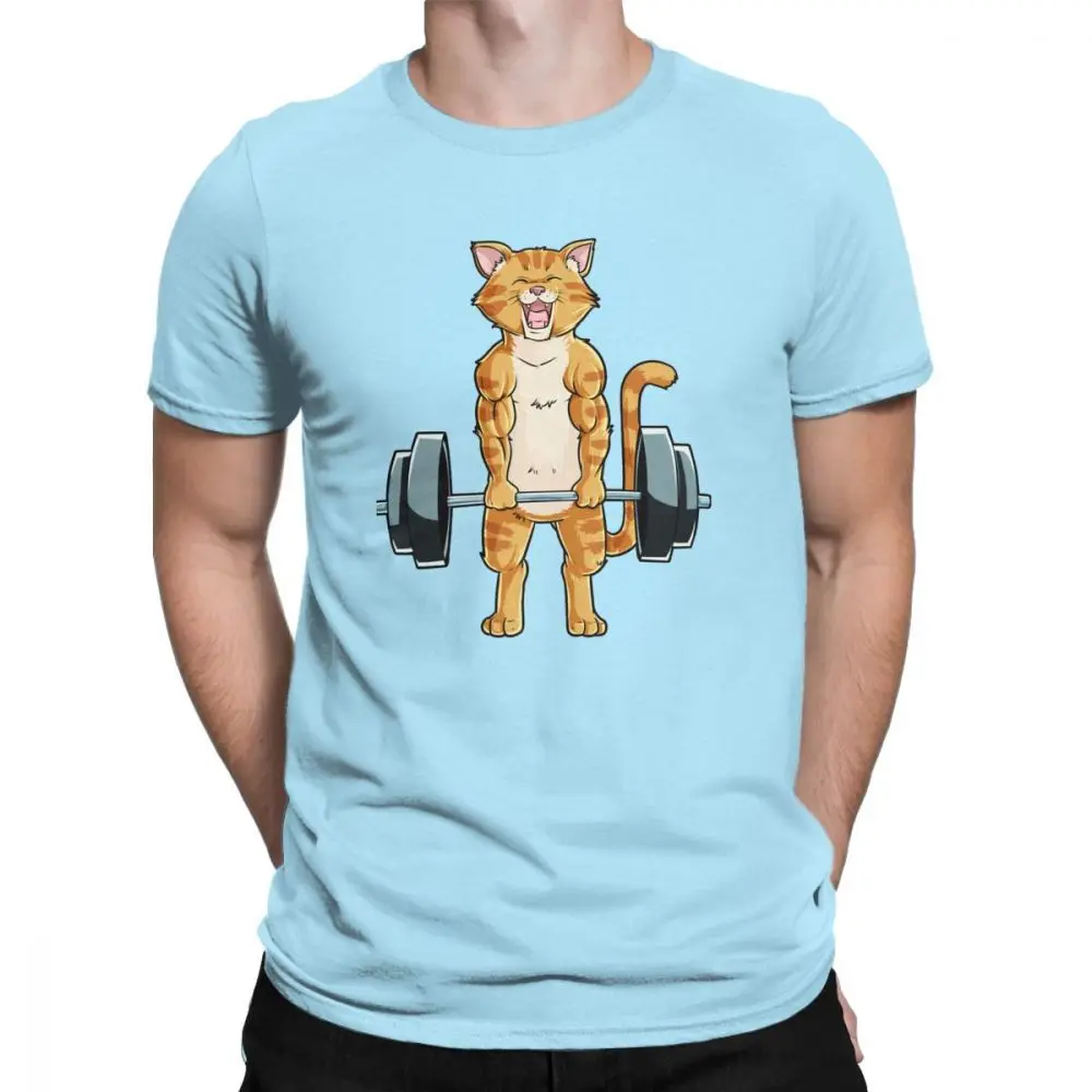 Креативный Кот Deadlift Powerlifting фитнес спортзал подъем веса футболки мужские Чистый хлопок футболка размера плюс одежда - Цвет: Небесно-голубой