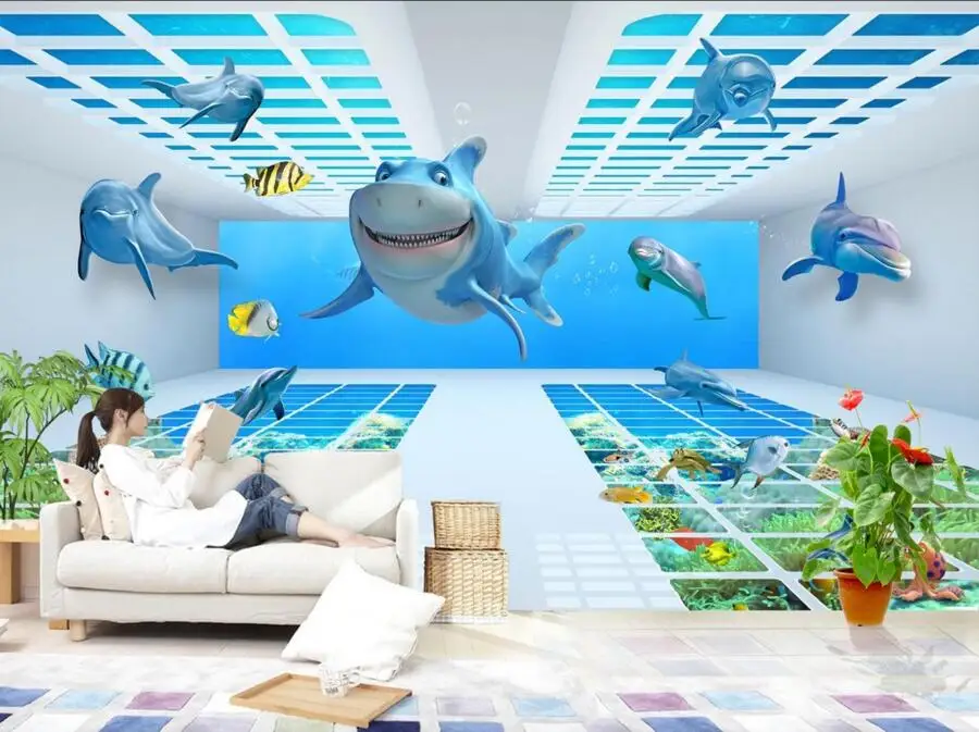 3D обои под водой с мультяшным миром дельфином и акулой на заказ для гостиной