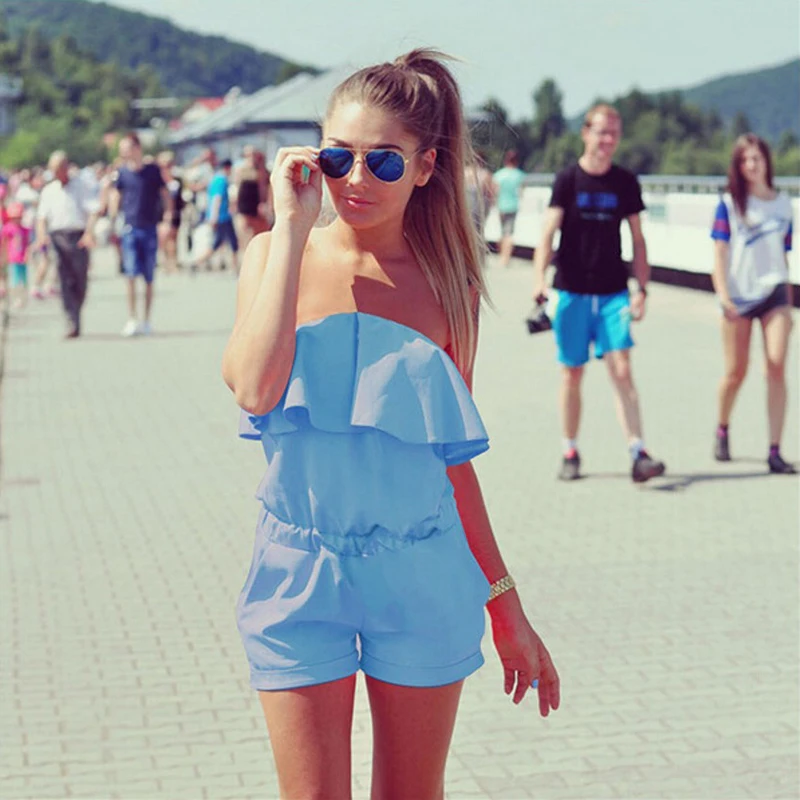 

2018 New Fashion Playsuits Shorts Strapless Jumpsuit Women Beach Rompers Cute Ruffled Design Party Female Vestidos