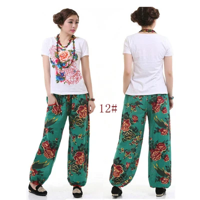 Хлопковые Штаны большого размера с цветочным принтом в национальном стиле