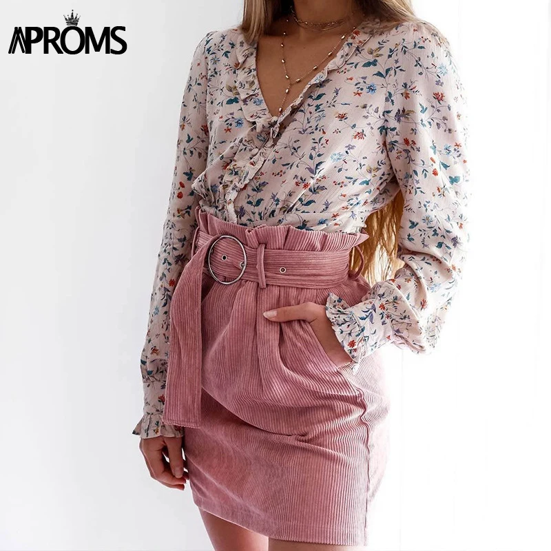 Aproms короткая юбка с разрезом сзади для женщин; сезон осень-зима; Розовая Вельветовая Офисная Женская Повседневная винтажная юбка с поясом; уличная юбка