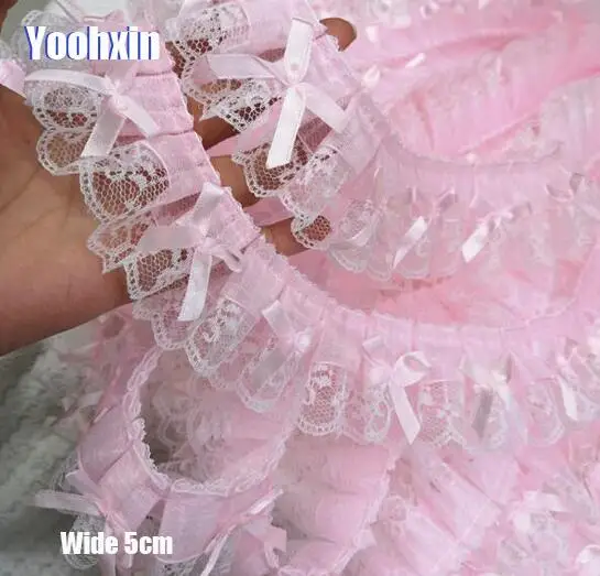 5CM Wide New pink Bow Embroidery 3D flower lace fabric trim ribbon DIY sewing applique collar fringe tassel wedding dress decor drop shoulder flower embroidery tassel tie dress