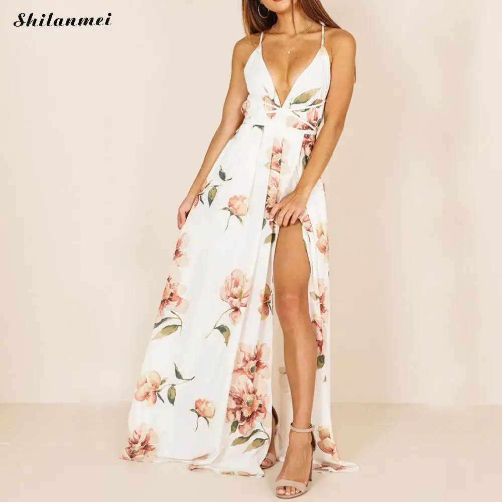Женское шифоновое длинное платье с цветочным принтом Boho на тонких бретельках