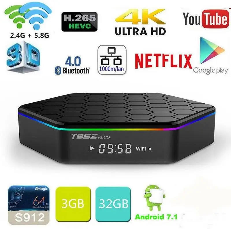 T95Z плюс ТВ коробка S912 8-ядерный Streamer медиа плеер 2 ГБ+ 16 Гб Smart Android ТВ коробка 7,1 2,4G/Wi-Fi 5 ГГц BT4.0 4K Декодер каналов кабельного телевидения