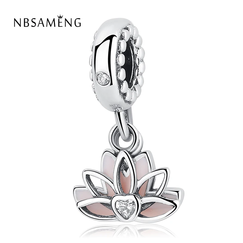 

Authentic 925 Sterling Silver Bead Beautiful CZ Crystal Enamel Lotus Hanging Charm Fit Bracelets DIY Charms