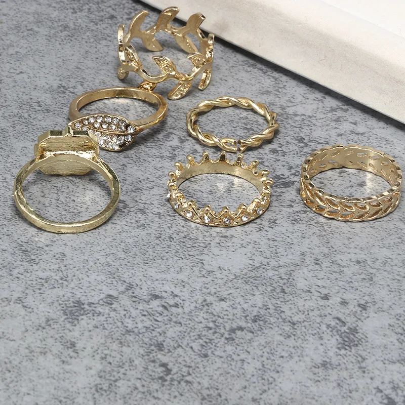 6 Pcs/set Bohemian Vintage Leaf Crown Crystal Gold Geometry Finger Ring Set Party Punk Jewelry Women Wedding Anniversary Gift | Украшения и