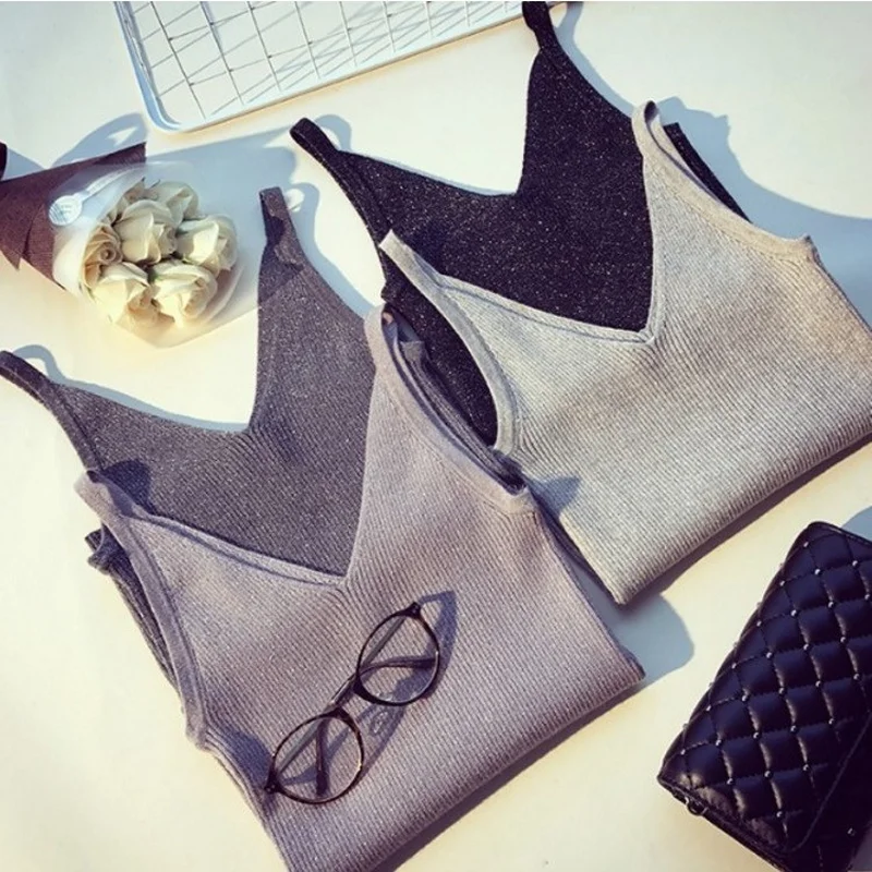 

Crop Top Women Summer Solid Knitted Top Sexy Spaghetti Stap V Neck Slim Black White Crop Tops Casual Korean Streetwear Camis