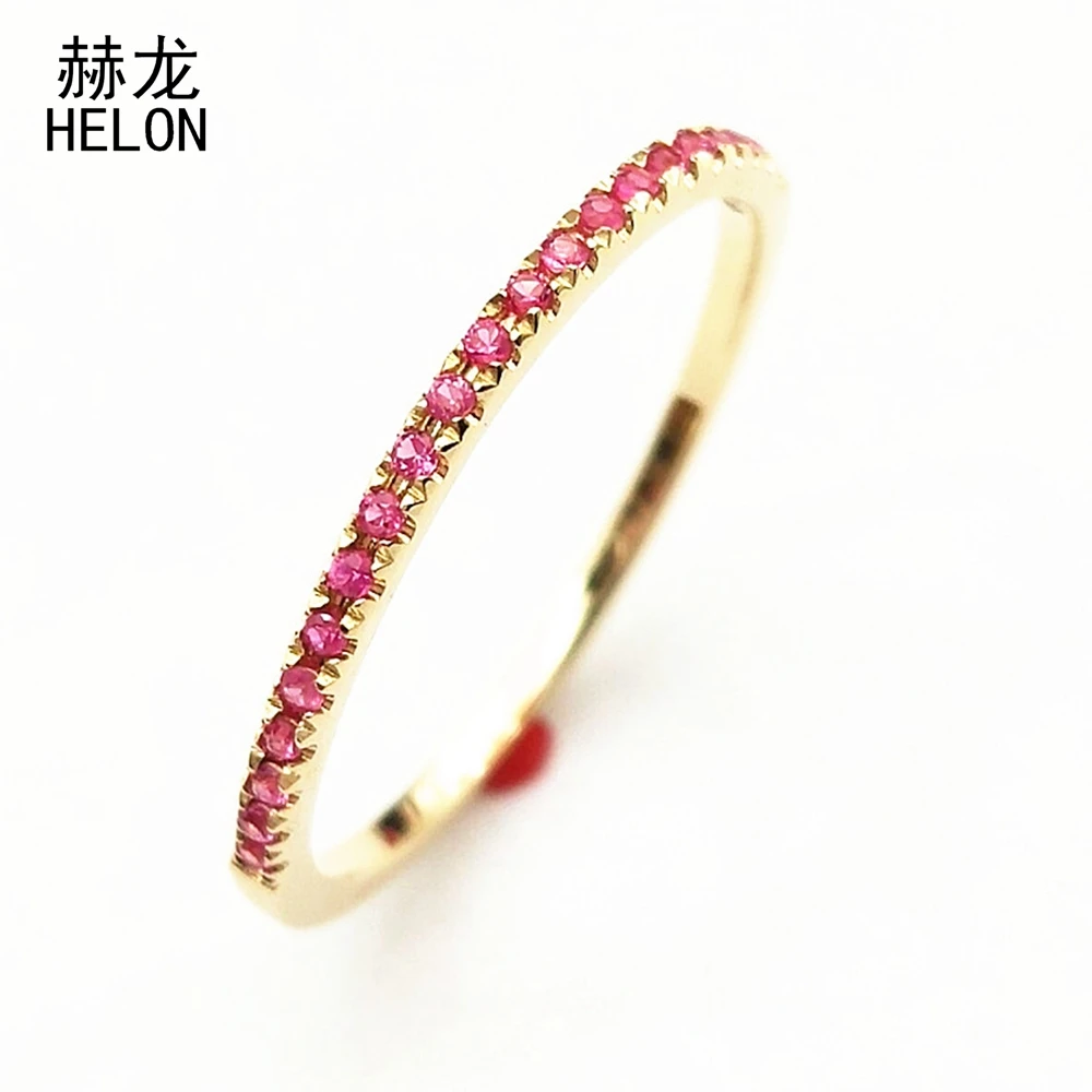 Stackable Pave блестящее подлинное кольцо с розовым сапфиром твердое 10K желтое золото