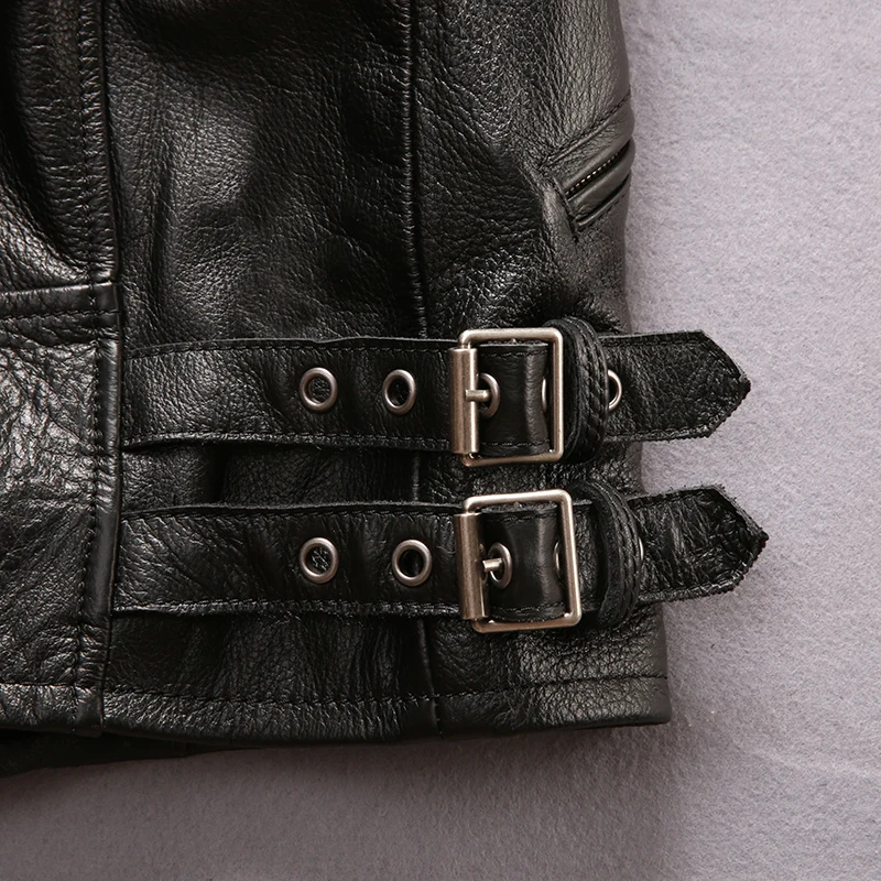 

ANGEL New Men's Skull Genuine Leather Cowhide Motorcycle Jacket Black Oblique zipper Slim Fit Men Winter Coats