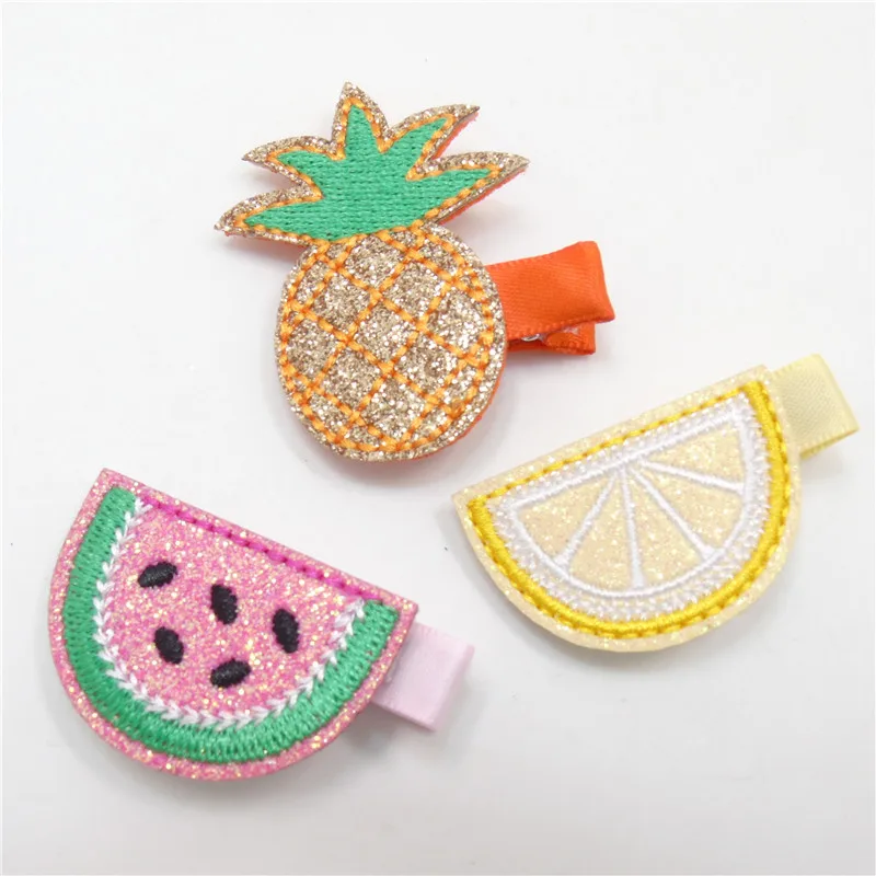 

15pcs/lot Pre-cut Felt Embellishments Glitter Embroidery Pineapple Clips Cartoon Lemon Tropical Fruits Barrette Watermelon Pinch