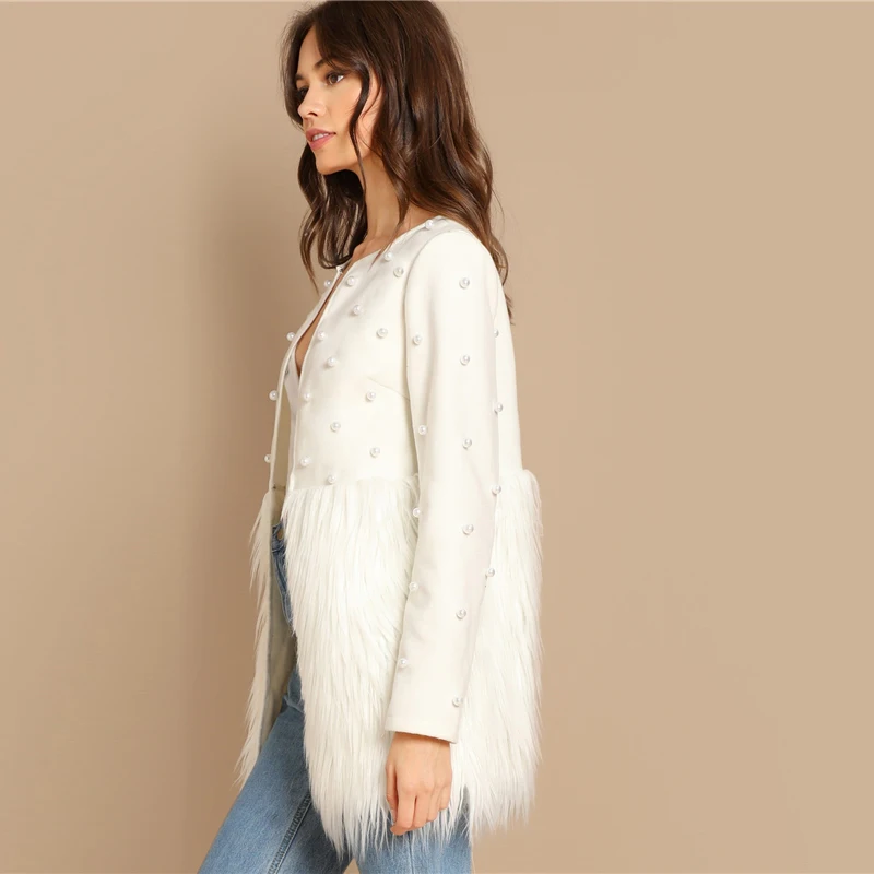 SHEIN Контрастное Пальто С Бусинами И Эко Мехом Стильное Пальто