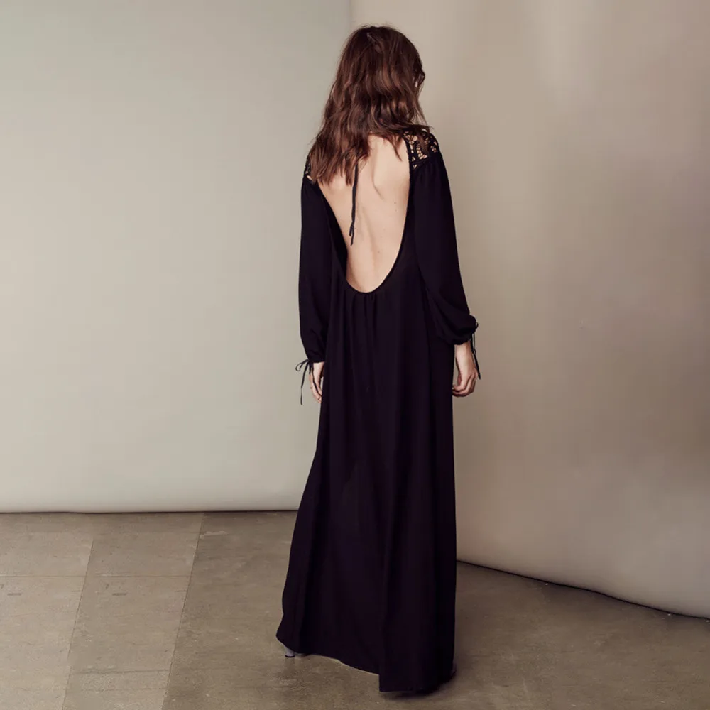 Сексуальная выдалбливают спинки длинные рукава женщины dress мода весна осень