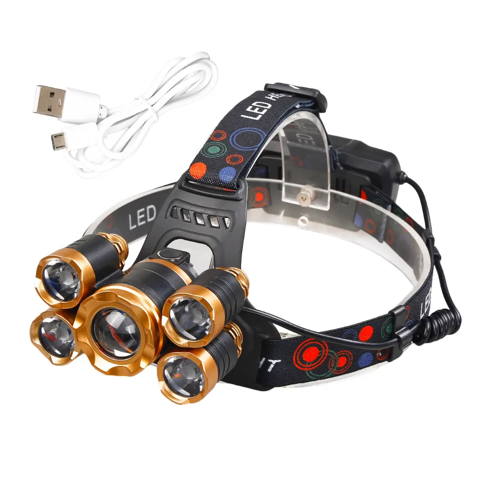 Outdoor Waterproof 15000LM 5-LED T6 USB LED Headlamp Rechargeable Zoom HeadLight 5 Modes Torch + 18650 Battery Cable | Освещение