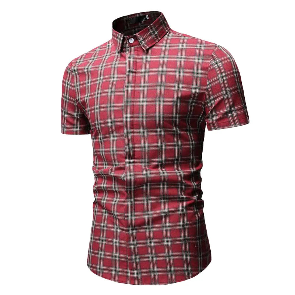 

Men's Summer Fashion Casual Striped Plaid Lapel Short Sleeve Mens Top Blouse #30