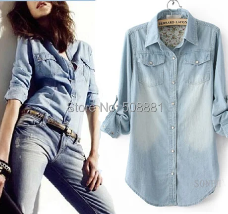Лето camisa джинсы блузка для женщины длинная рукав карманы цветок печать хлопок