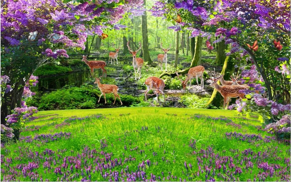 3d фотообои на заказ Сика олень трава цветы Декор живопись картина настенные
