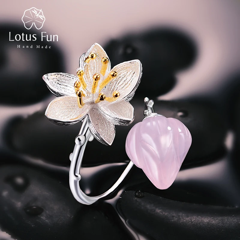 Lotus Fun реальные 925 стерлингового серебра Природный розовый кварц ручной работы Fine