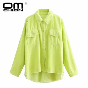 OMCHION Blusas, весенние вельветовые пикантные Женские топы и блузки с длинным рукавом, повседневные свободные неоновые, желтые, Корейская рубашка QS470