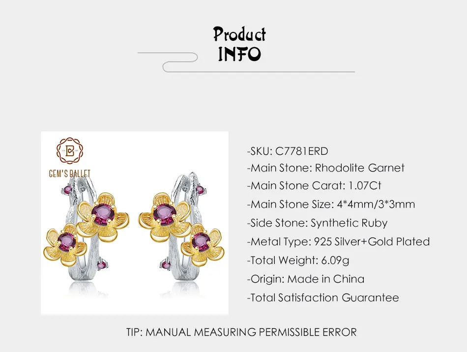 GEM'S BALLET 2.10Ct натуральный родолит Гранат Серьги 925 пробы серебро ручной работы цветок сливы серьги гвоздики для женщин