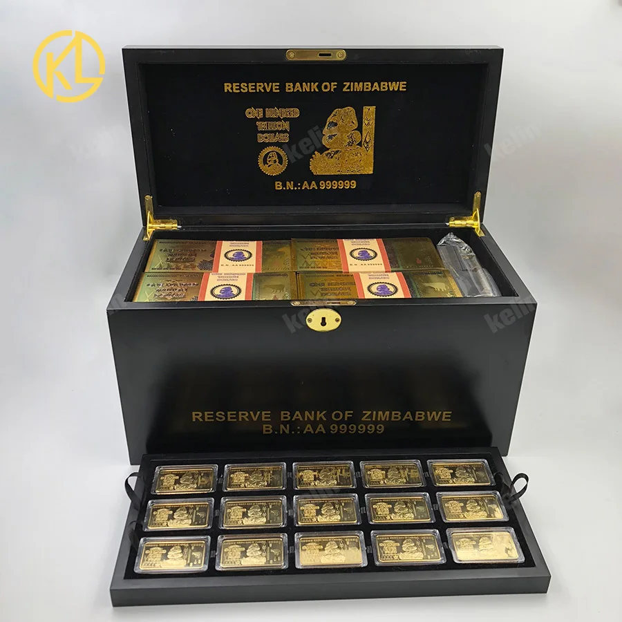 Banknotes with bars FedEx 1280 шт сто триллионов долларов, золотые банкноты с 24 шт Золотой бар и 1 деревянная коробка и сертификаты - Цвет: Banknotes with bars