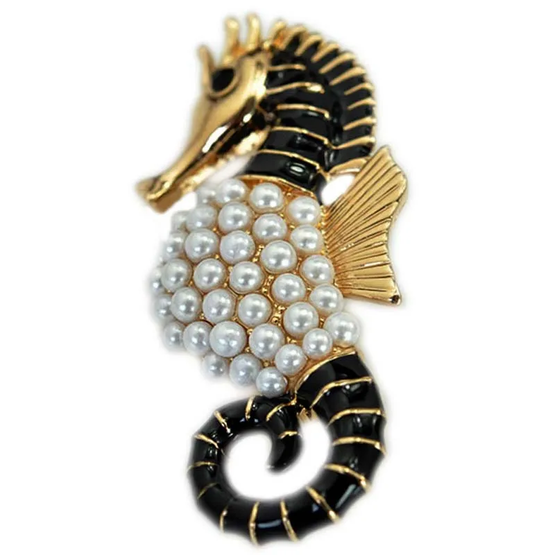 Деликатный с белым жемчугом и черной эмалью в виде морской брошь значок форме