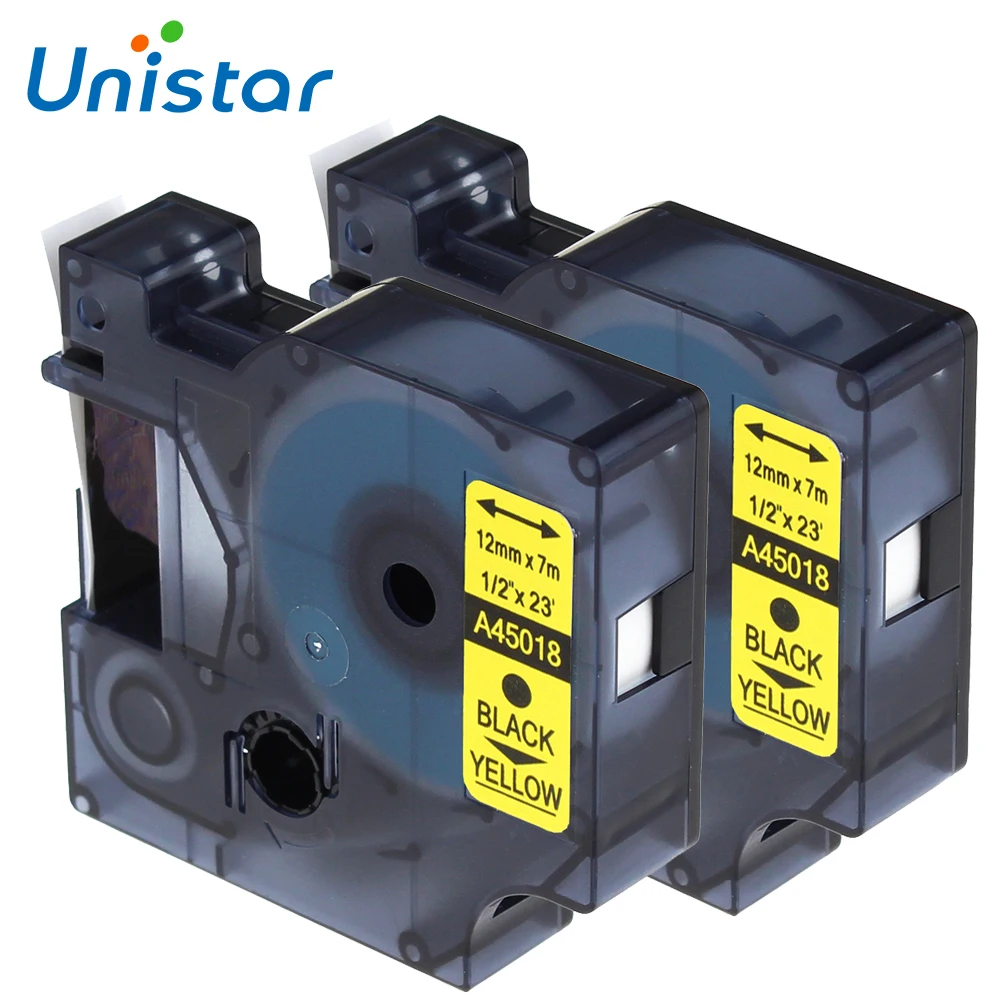 Unistar 2шт 45018 совместимый с DYMO D1 этикетки ленты 12 мм черный на желтый для LabelManager 160 280