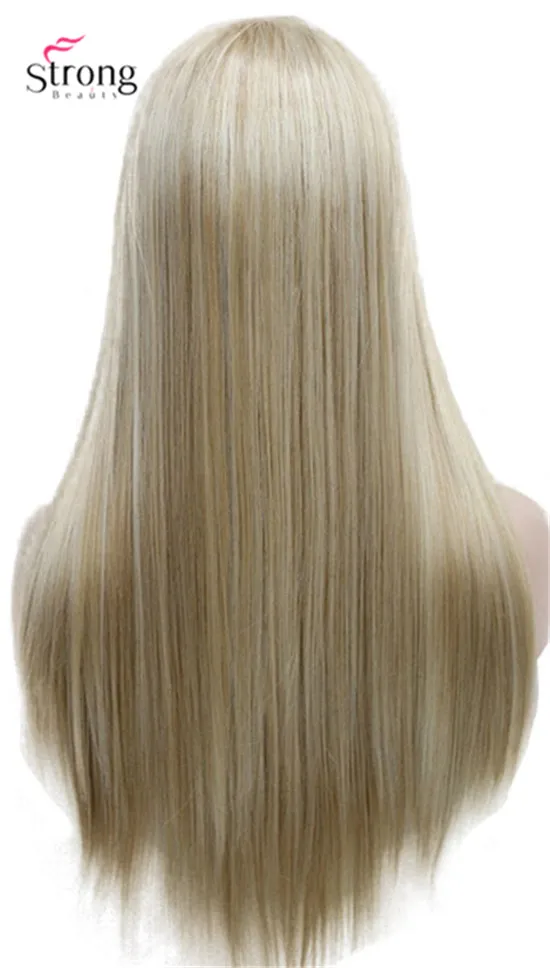 Длинные прямые светлые Выделенные волосы парик в центре кожи без челки полный