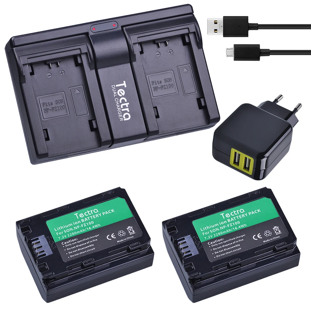 

2 шт. 2280 мАч NP FZ100 NP-FZ100 батарея + 2-канальный USB зарядное устройство + адаптер переменного тока для Sony ILCE-9, BC-QZ1, a7r3, A7RIII, ILCE-7RM3, A9R