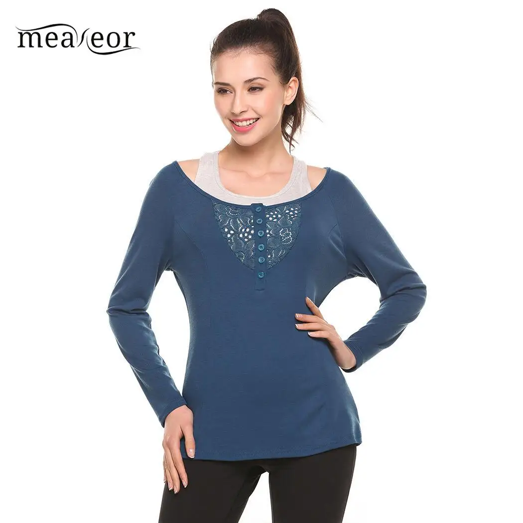 Meaneor Casual Women T-Shirts Top New Female Clothes O-Neck Long Sleeve Lace Shirts Hollow Out Patchwork T-Shirt with Solid Tank | Женская