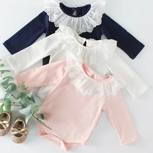 Детский хлопковый комбинезон с длинными рукавами и кружевным воротником, весенний комбинезон для новорожденных девочек