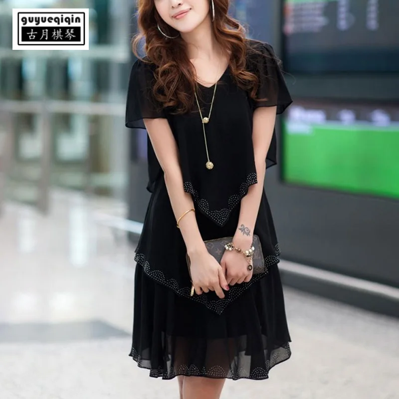 Women Summer Chiffon Dress 2018 Cascading Ruffle Large Size Korean Slim Short Sleeve V-neck Plus 5XL Blue Black Dresses | Женские платья