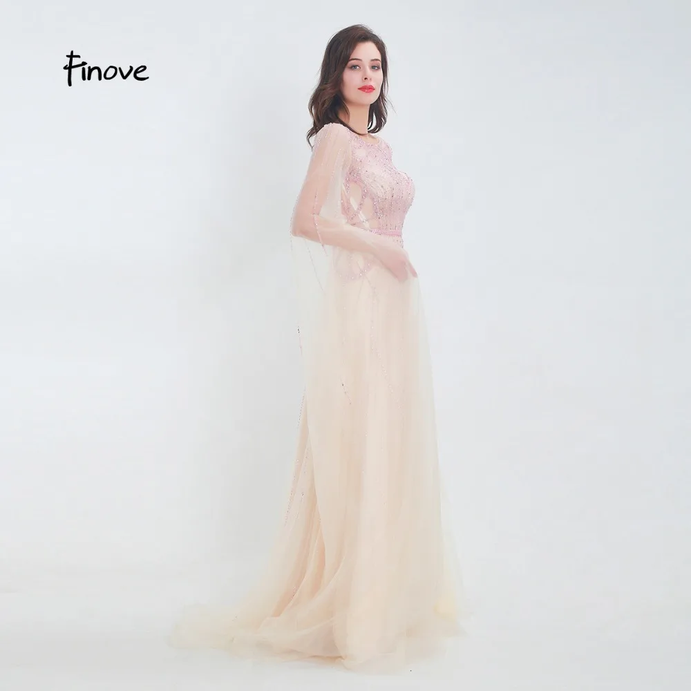 Finove Evening Dress 2020 Long Champagne Fully Beaded Sleeves Tulle Elegant O Neck Formal Party Woman Robe de soiree | Свадьбы и