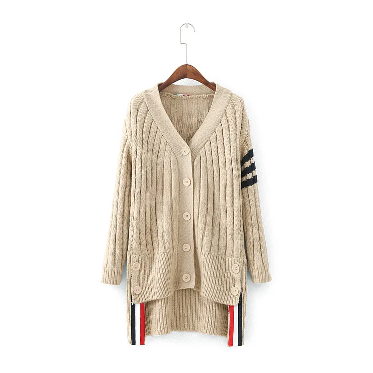 2017 осень-зима Мода в полоску стежка вязаный свитер с Кнопки длинный абзац PD BJ |