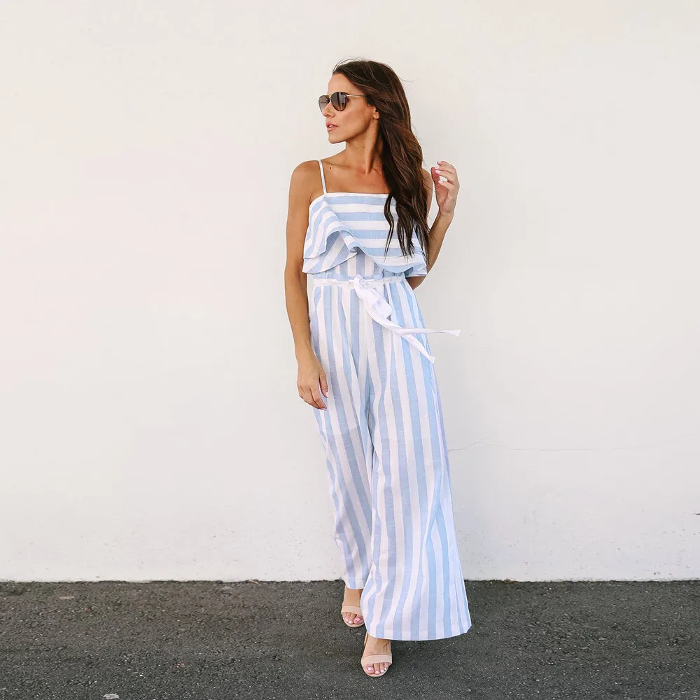 Свободный Полосатый пляжный костюм для женщин комбинезон без рукавов