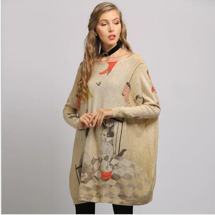 2019 New Regular Boy Cat Print Woman Sweater Oversize Long Batwing Sleeve Pullovers O-Neck Knitted Fashion Casual Clothes | Женская
