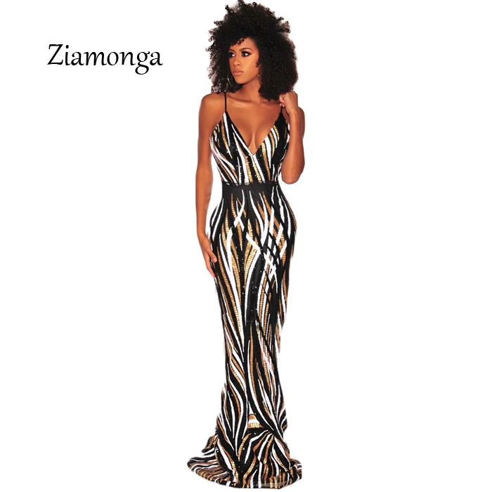 Ziamonga глубоким v-образным вырезом Вечеринка платья Черный блестками Макси платья Спагетти ремень спинки Bodycon элегантны
