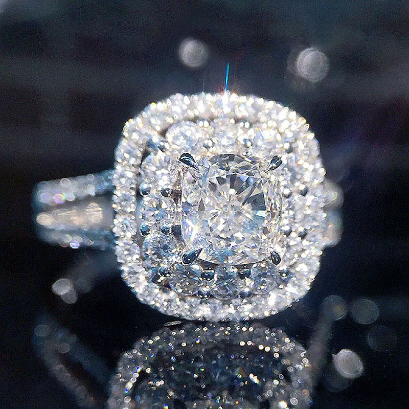 Cener 1ct 6 мм Твердое 18K Белое Золото DF цвет подушка вырезать Moissanite двойной Halo Кольцо